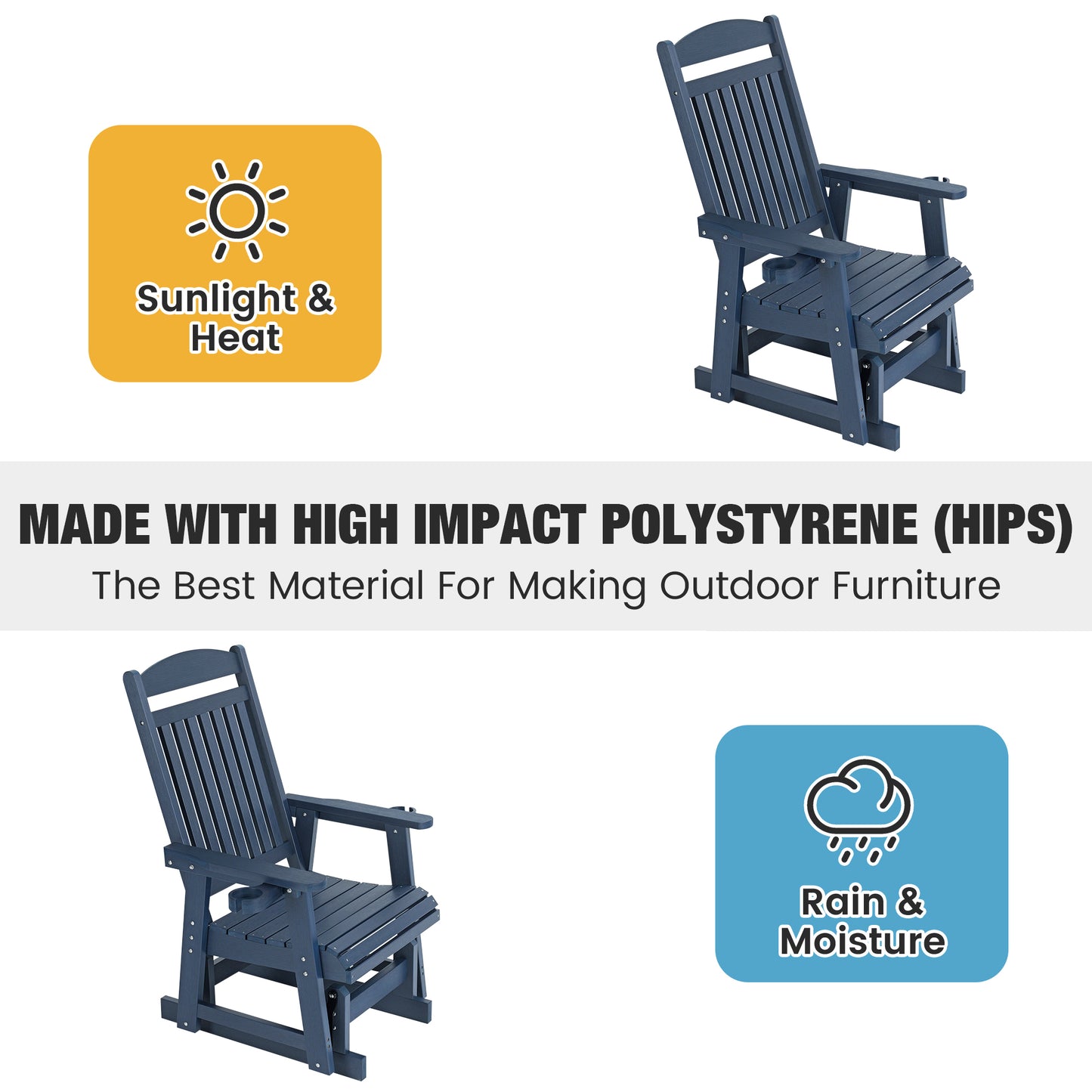 Fortune Candy 1 Person Poly Lumber Patio Glider, with Cup Holders, High Backrest and Deep Contoured Seat, HIPS Material (Navy Blue)