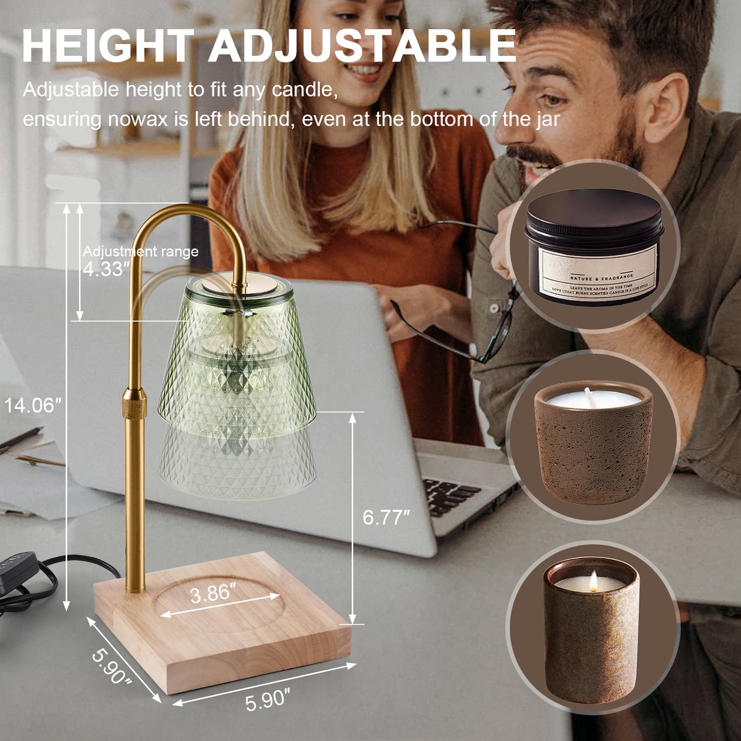 Fortune Candy Flameless Fragrant Candle Melter, Adjustment Knob, Dimmer & Timer, Wooden Base (Rustic Fluted Shade)