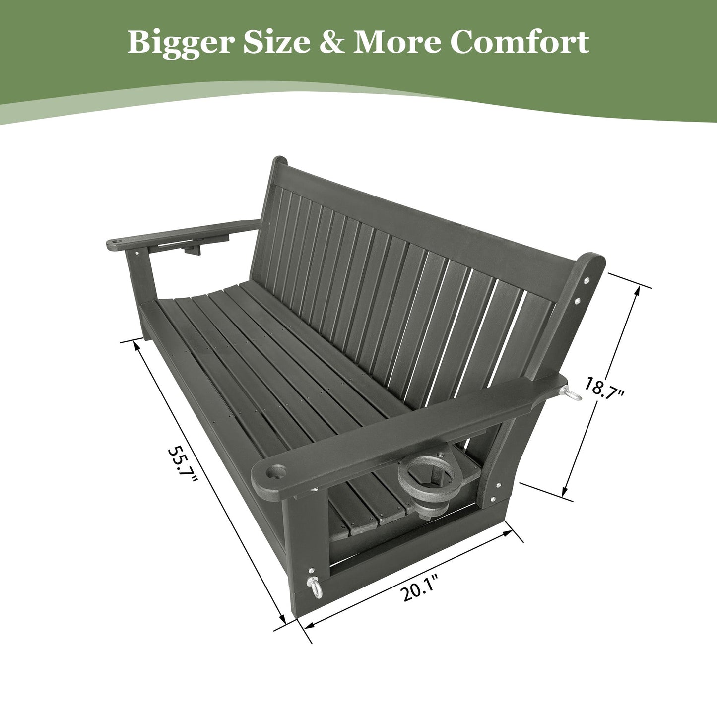 HDPE 3-Seater Porch Swing, 5-Feet Bench Swing with Foldable Cup Holders,18/8 Stainless Steel Hardware, High Backrest and Deep Contoured Seat (Gray, 5-feet)