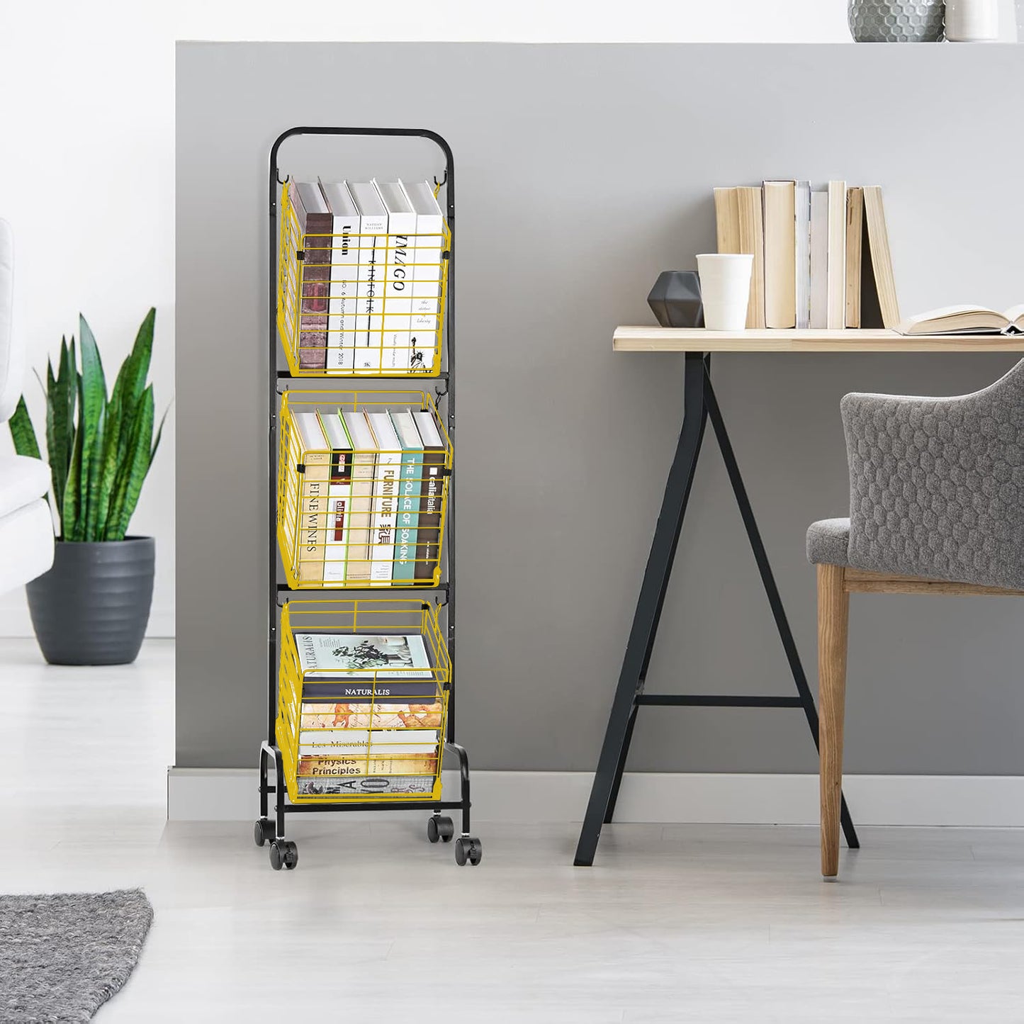 Fortune Candy 3-Tier Metal Rolling Storage Basket Cart, Black Gold Utility Organizer with Wheels for Books, Toys, Food, Vegetables, and More