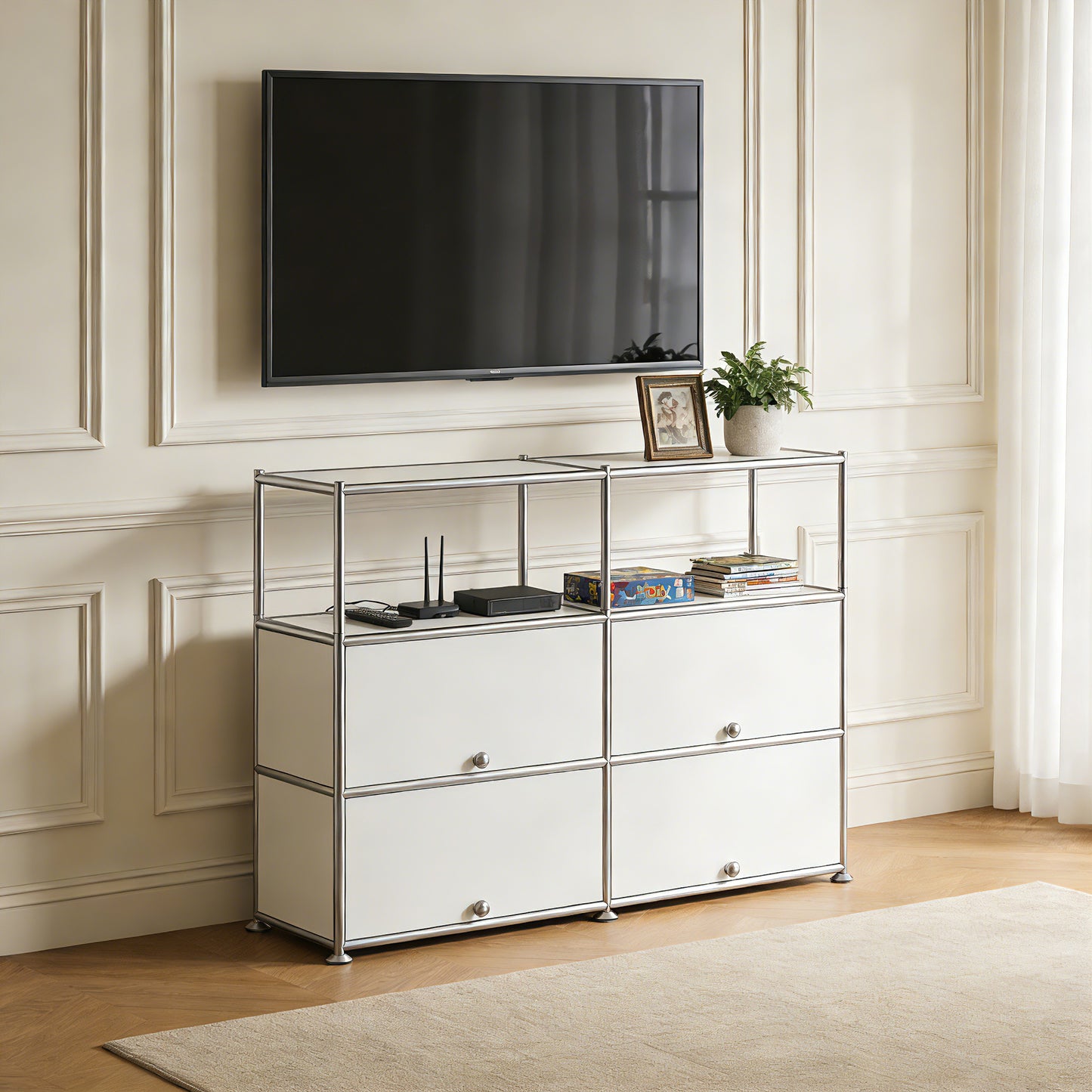 Fortune Candy 4-Door Modular Metal Sideboard with Open Shelf, Modern Twin-Row Grid Cabinet for Dining or Living Room, Office, White