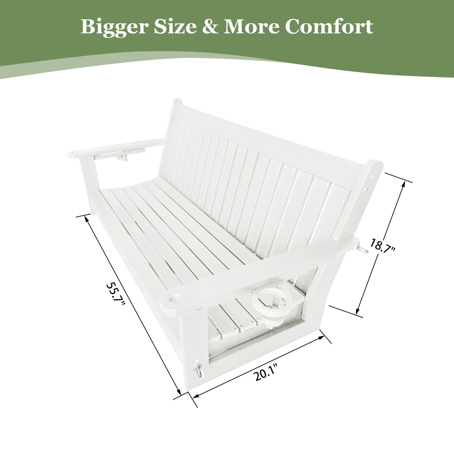 HDPE 3-Seater Porch Swing, 5-Feet Bench Swing with Foldable Cup Holders,18/8 Stainless Steel Hardware, High Backrest and Deep Contoured Seat (White, 5-feet)