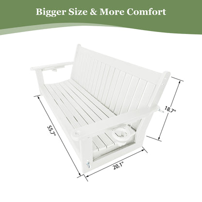 HDPE 3-Seater Porch Swing, 5-Feet Bench Swing with Foldable Cup Holders,18/8 Stainless Steel Hardware, High Backrest and Deep Contoured Seat (White, 5-feet)