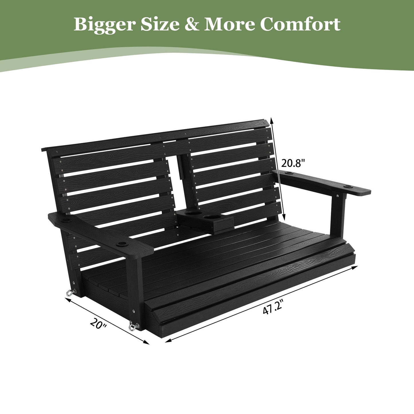 Poly Lumber 3-Seat Porch Swing, HIPS 5-Feet Bench Swing with Foldable Cup Holders,18/8 Stainless Steel Hardware, High Backrest and Deep Contoured Seat (Carbon Black, 4.5-feet)