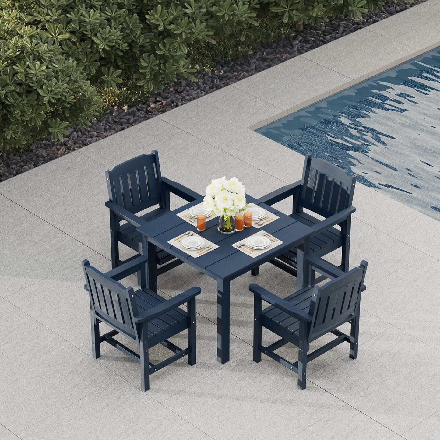 Poly Lumber Patio Dining Chair Set of Two, HIPS Outdoor Dining Chairs, Weather Resistant, Slat Back (2 Piece, Navy Blue)