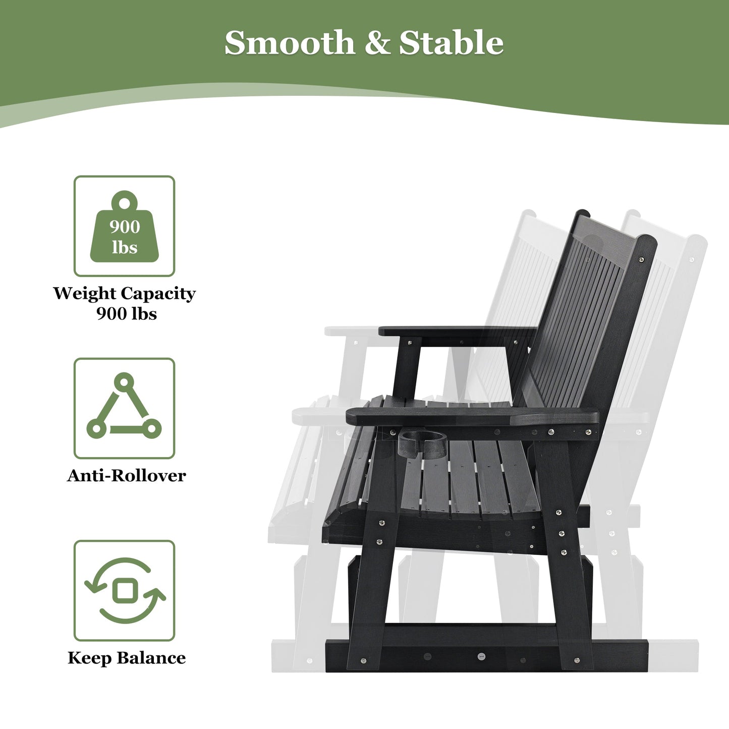 HIPS Patio Glider with Cup Holders, All-Weather Resistant, High Backrest and Deep Contoured Seat, Heavy Duty 900 LB (3 Seat - Carbon Black)