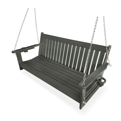 HDPE 3-Seater Porch Swing, 5-Feet Bench Swing with Foldable Cup Holders,18/8 Stainless Steel Hardware, High Backrest and Deep Contoured Seat (Gray, 5-feet)