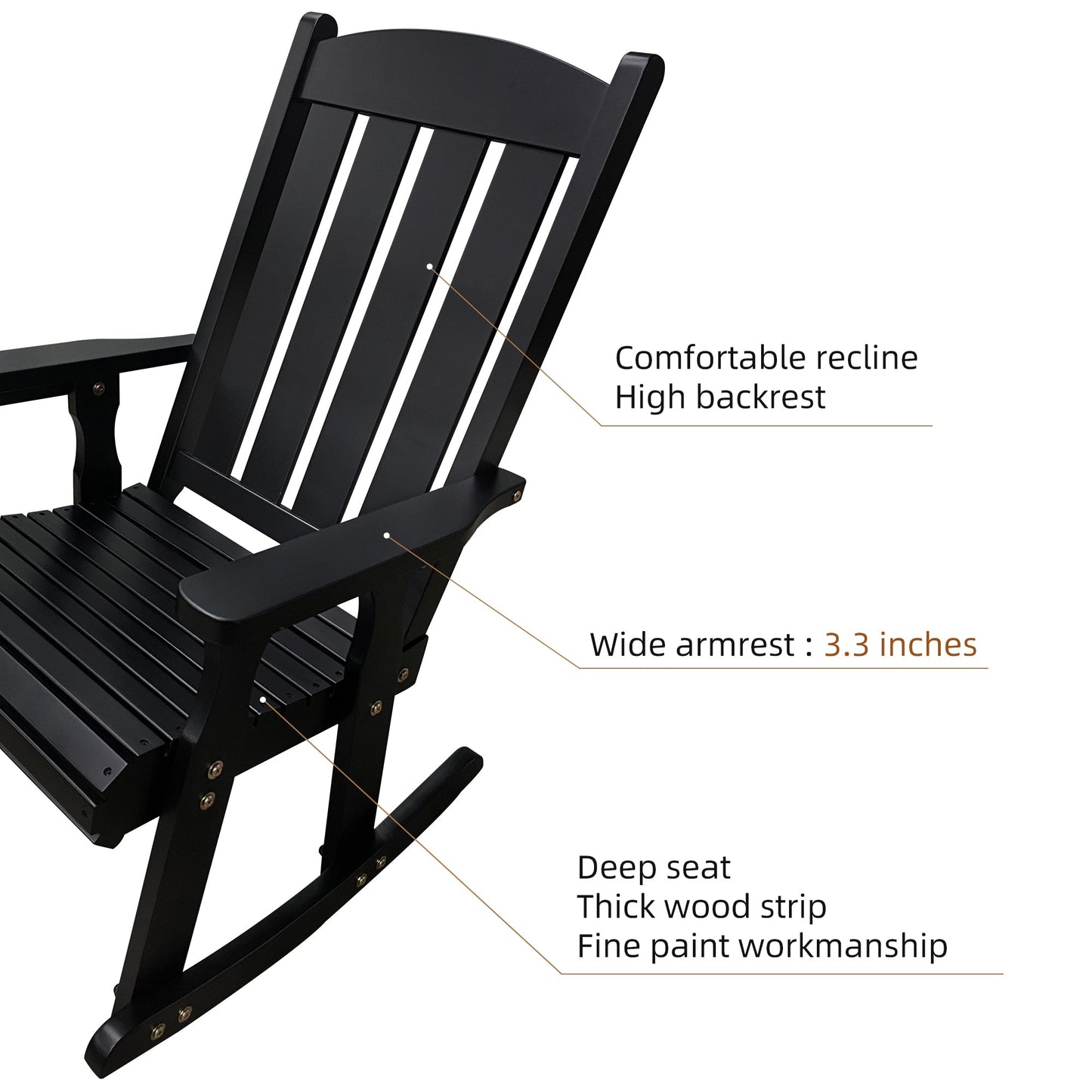 Fortune Candy Wooden Patio Rocking Chair with Comfortable Backrest Inclination, High Backrest and Deep Contoured Seat, Solid Fir Wood, Heavy Duty 600 LBS (Black, 2 Pieces)