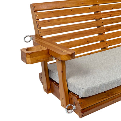 Fortune Candy Extended 3-Seater Wooden Porch Swing with Seat Cushion, Cup Holders, Hanging Chains and 7mm Springs, Heavy Duty 880 LBS (Warm Teak, 5.5 FT)