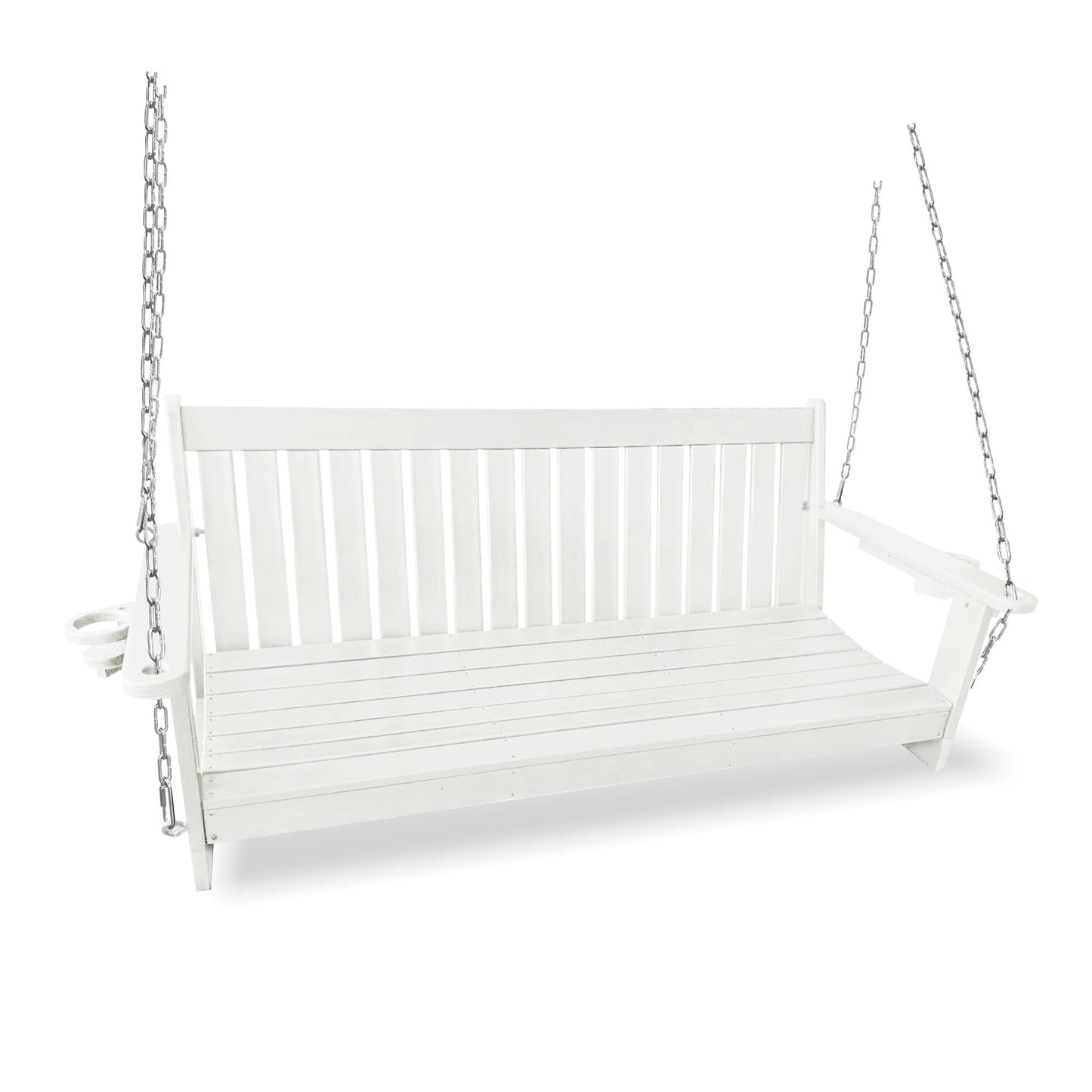 HDPE 3-Seater Porch Swing, 5-Feet Bench Swing with Foldable Cup Holders,18/8 Stainless Steel Hardware, High Backrest and Deep Contoured Seat (White, 5-feet)