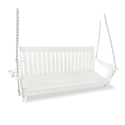 HDPE 3-Seater Porch Swing, 5-Feet Bench Swing with Foldable Cup Holders,18/8 Stainless Steel Hardware, High Backrest and Deep Contoured Seat (White, 5-feet)