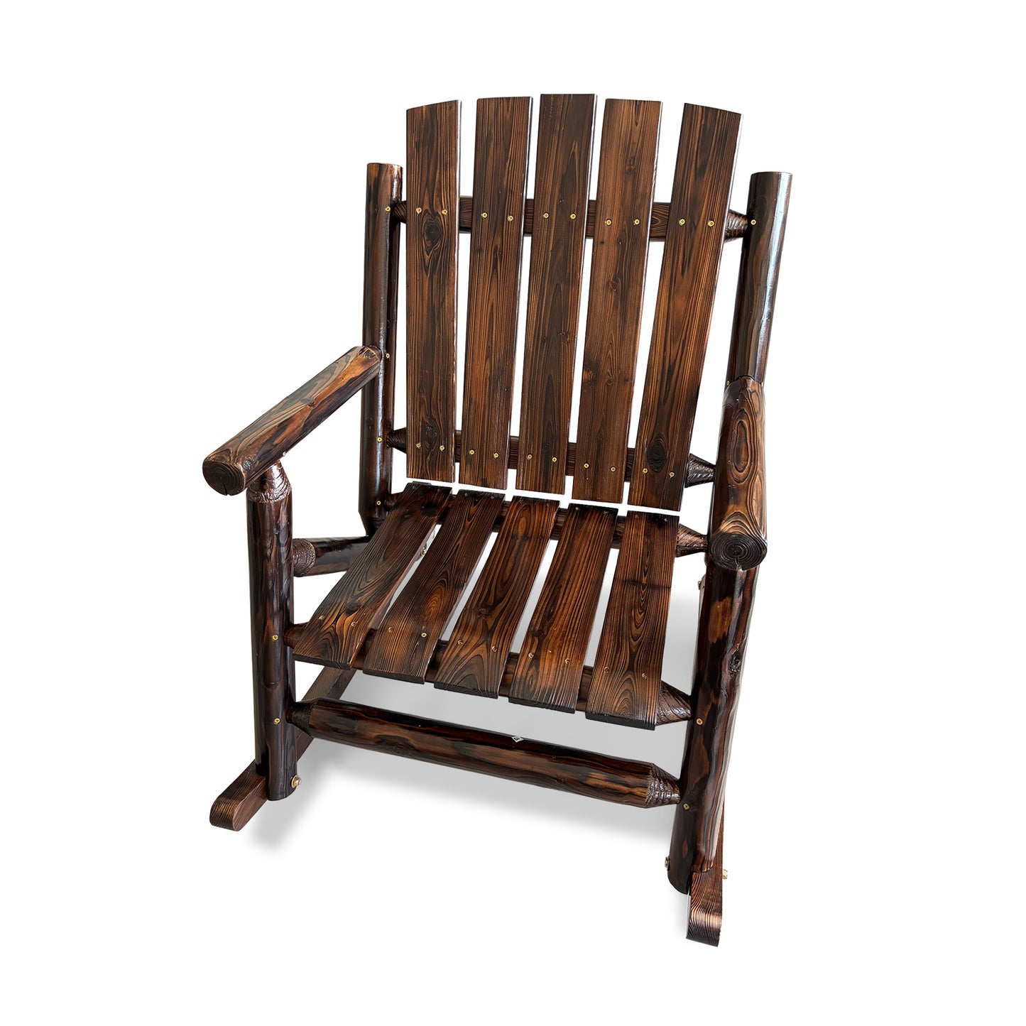 Fortune Candy 32.4 in. Rustic Log Handcrafted Solid Fir Wood, 1 Person, 700 lb Capacity, Slat Back Outdoor Rocking Chair, Brown