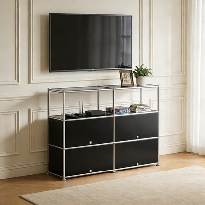 Fortune Candy 4-Door Modular Metal Sideboard with Open Shelf, Modern Twin-Row Grid Cabinet for Dining or Living Room, Office, Black