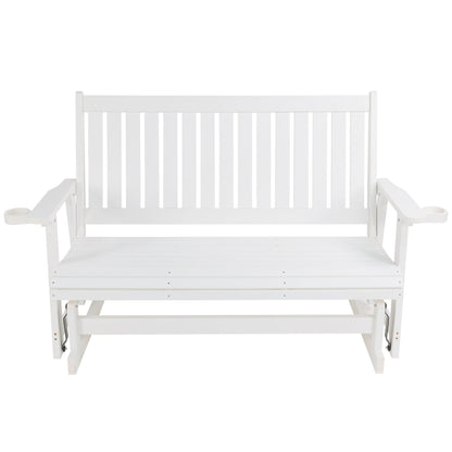 HIPS Patio Glider with Cup Holders, Durable Poly Lumber Material, All-Weather Resistant, High Backrest and Deep Contoured Seat, Heavy Duty 900 LB, for Outdoor, Porch, Patio (Ivory White, 3-Seat)