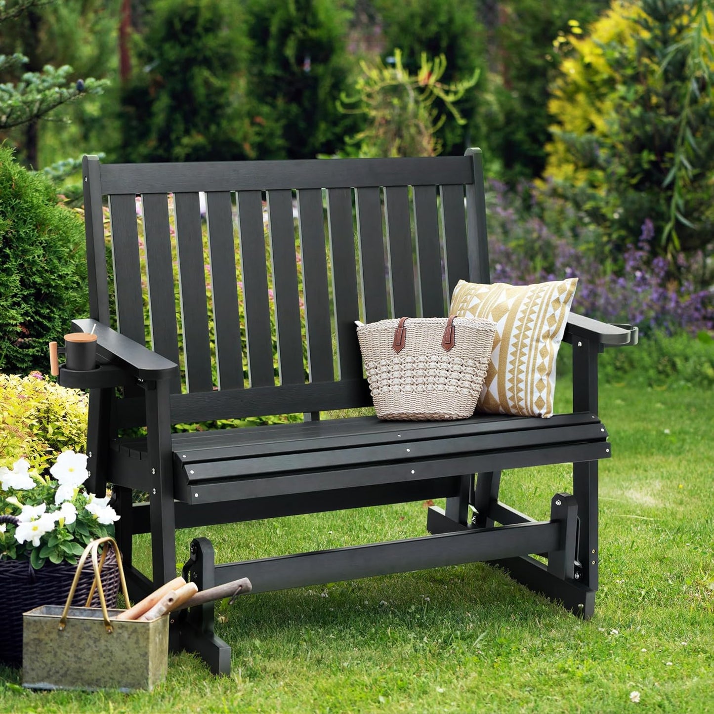 Fortune Candy Poly Lumber Patio Glider  2 Seater with Ergonomic Deep Seat, High Backrest, Cup Holders, for Outdoor Garden, Yard, or Deck