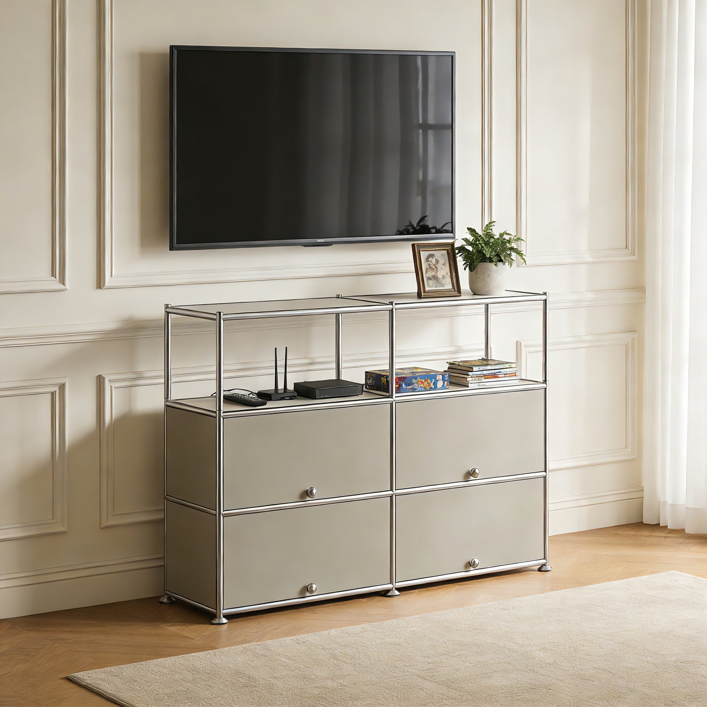 Fortune Candy 4-Door Modular Metal Sideboard with Open Shelf, Modern Twin-Row Grid Cabinet for Dining or Living Room, Office, Light Gray