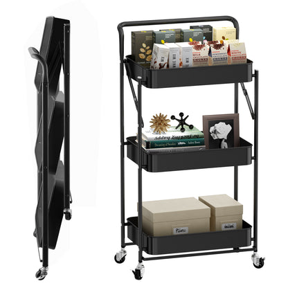 Fortune Candy Foldable 3-Tier Rolling Utility Cart, No-Assembly Multipurpose Storage Organizer with Handle for Home or Office, Black