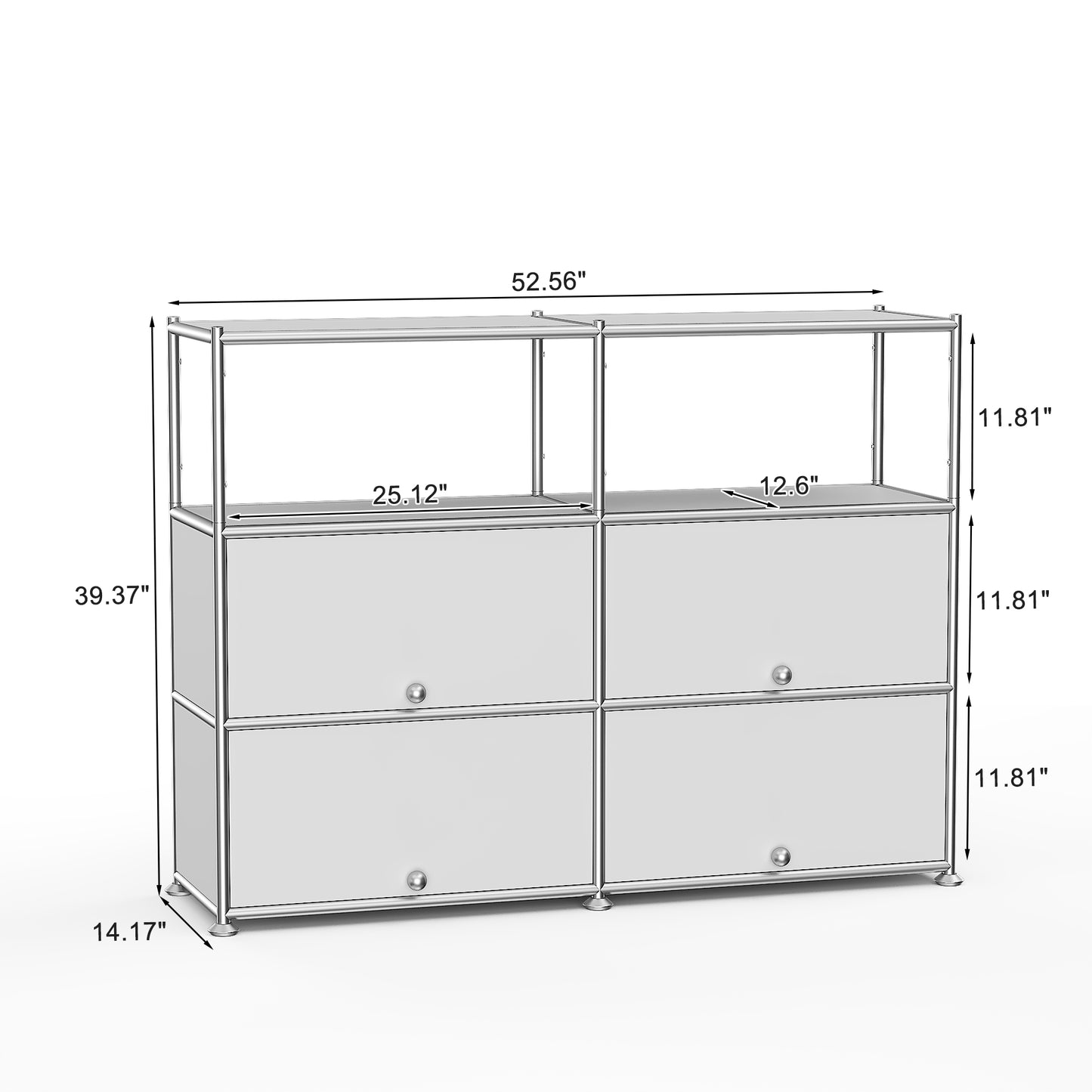 Fortune Candy 4-Door Modular Metal Sideboard with Open Shelf, Modern Twin-Row Grid Cabinet for Dining or Living Room, Office, White