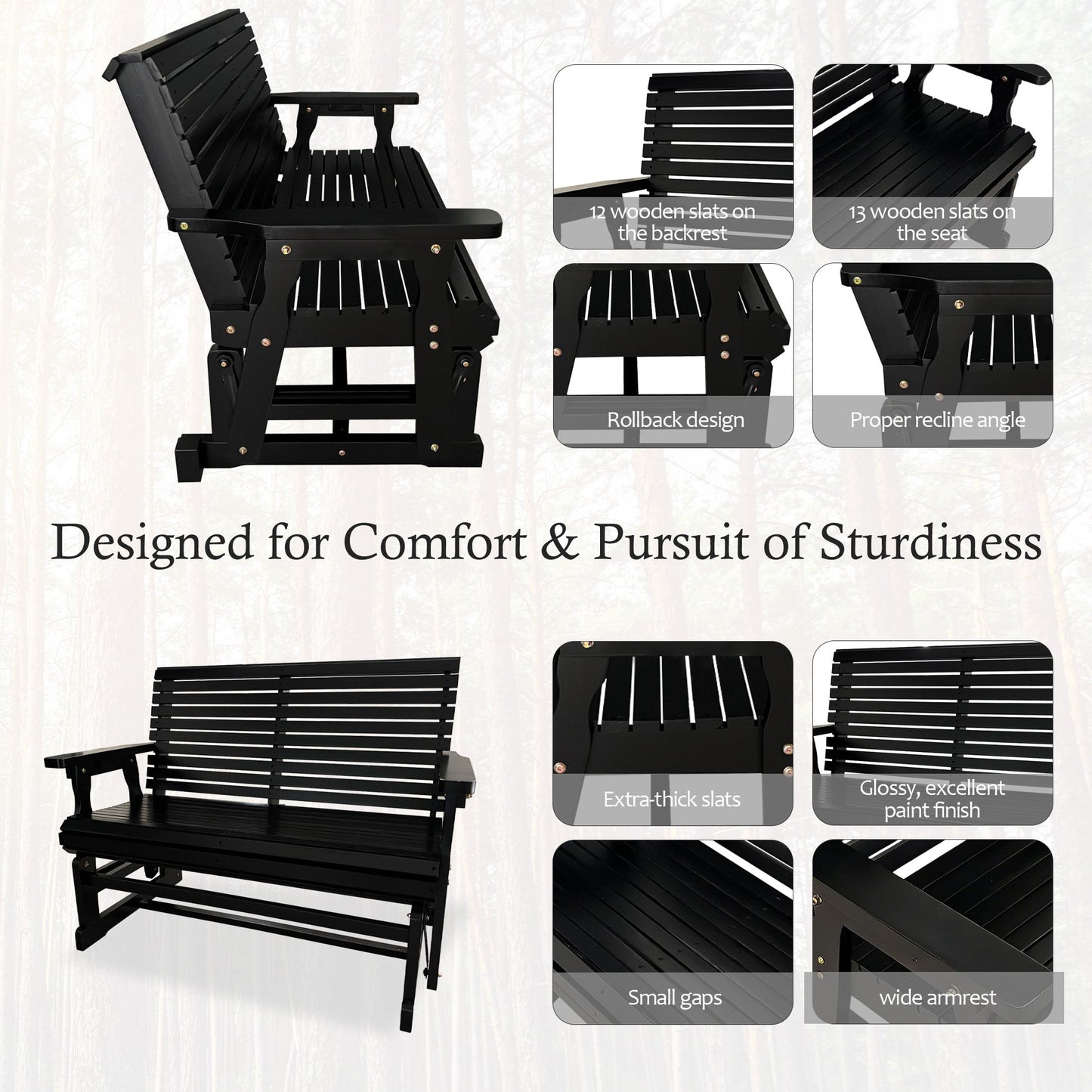 Wooden Patio Glider with High Roll Back and Deep Contoured Seat, Solid Fir Wood, 2-Seater, Heavy Duty 800 LBS, 4 Ft. (Carbon Black)