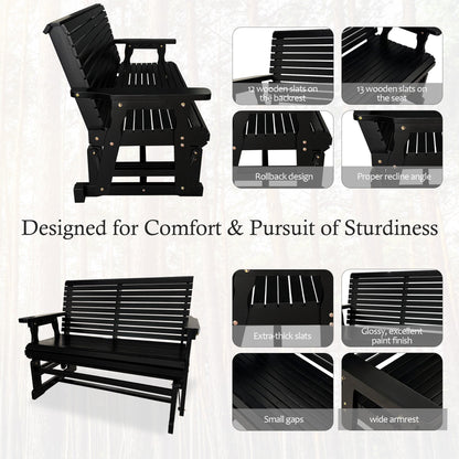 Wooden Patio Glider with High Roll Back and Deep Contoured Seat, Solid Fir Wood, 2-Seater, Heavy Duty 800 LBS, 4 Ft. (Carbon Black)