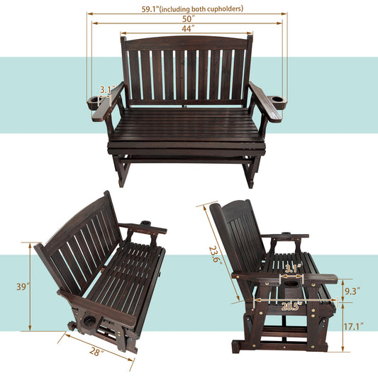 Fortune Candy Wooden Patio Glider, with Cup Holders, High Back and Deep Contoured Seat, Solid Fir Wood, Heavy Duty 800 LBS (Deep Brown, 2-Seater)