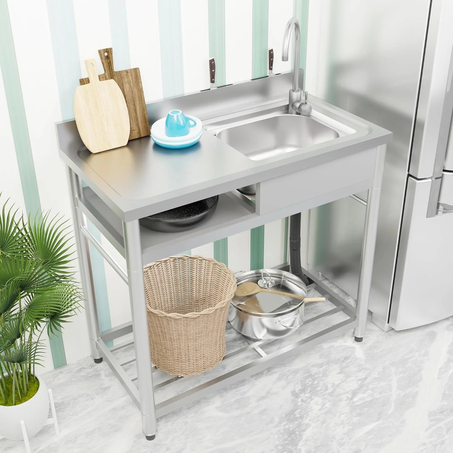 Fortune Candy 39.3" Stainless Steel Kitchen Sink with Faucet - Free Standing Single Bowl Commercial Sink Set, Strainer & Shelf for Indoor/Outdoor