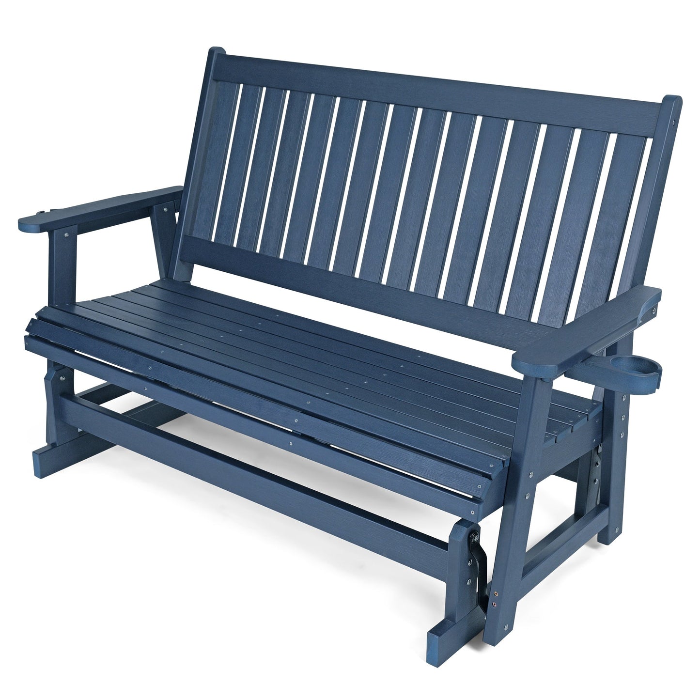 HIPS Patio Glider with Cup Holders, Durable Poly Lumber Material, All-Weather Resistant, High Backrest and Deep Contoured Seat, Heavy Duty 900 LB, for Outdoor, Porch, Patio (Navy Blue, 3-Seat)