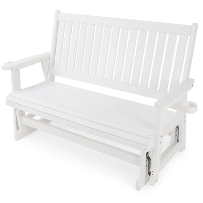 HIPS Patio Glider with Cup Holders, Durable Poly Lumber Material, All-Weather Resistant, High Backrest and Deep Contoured Seat, Heavy Duty 900 LB, for Outdoor, Porch, Patio (Ivory White, 3-Seat)