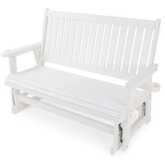 HIPS Patio Glider with Cup Holders, Durable Poly Lumber Material, All-Weather Resistant, High Backrest and Deep Contoured Seat, Heavy Duty 900 LB, for Outdoor, Porch, Patio (Ivory White, 3-Seat)
