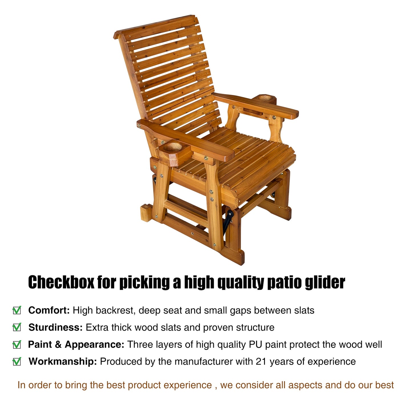 Fortune Candy Patio Glider with Cup Holders, High Roll Back and Deep Contoured Seat,Heavy Duty 600 Lb (Warm Brown, 1-Seater)