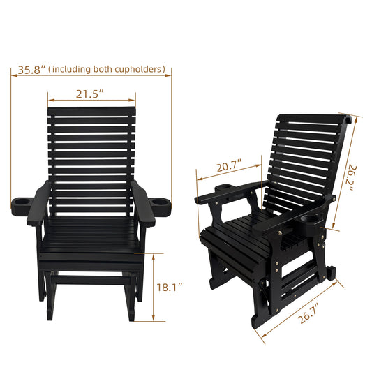 Wooden Patio Glider for One Person, with High Back and Deep Contoured Seat, Solid Fir Wood, Heavy Duty 600 LBS (Black, 1-Seater)