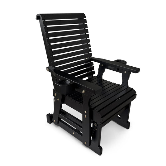 Wooden Patio Glider for One Person, with High Back and Deep Contoured Seat, Solid Fir Wood, Heavy Duty 600 LBS (Black, 1-Seater)