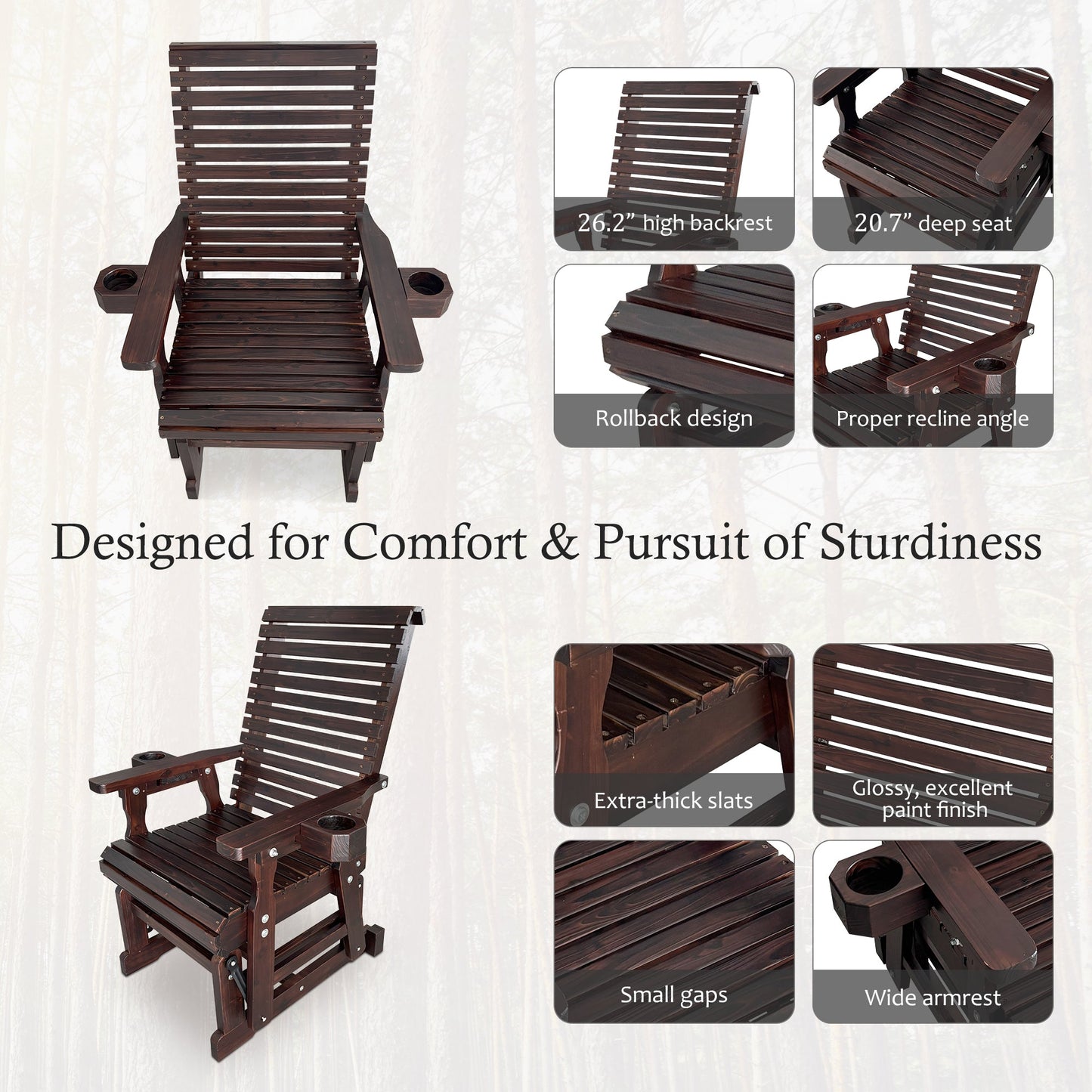 Wooden Patio Glider for One Person, with High Back and Deep Contoured Seat, Solid Fir Wood, Heavy Duty 600 LBS (Slat Back, Deep Brown)