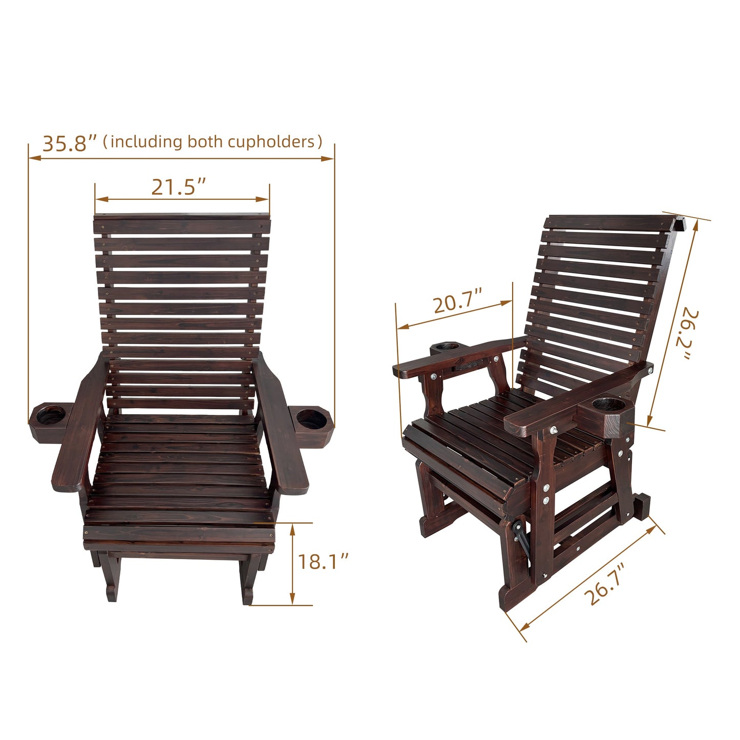 Wooden Patio Glider for One Person, with High Back and Deep Contoured Seat, Solid Fir Wood, Heavy Duty 600 LBS (Slat Back, Deep Brown)