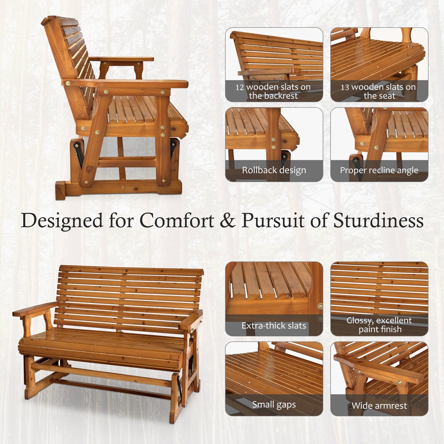 Wooden Patio Glider with High Roll Back and Deep Contoured Seat, Solid Fir Wood, 2-Seater, Heavy Duty 800 LBS, 4 Ft. (PU Brown)