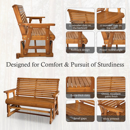 Wooden Patio Glider with High Roll Back and Deep Contoured Seat, Solid Fir Wood, 2-Seater, Heavy Duty 800 LBS, 4 Ft. (PU Brown)