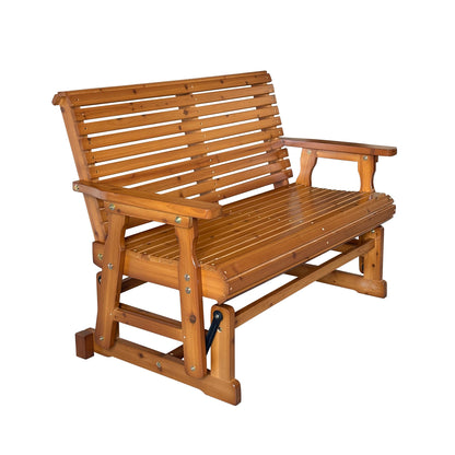 Wooden Patio Glider with High Roll Back and Deep Contoured Seat, Solid Fir Wood, 2-Seater, Heavy Duty 800 LBS, 4 Ft. (PU Brown)