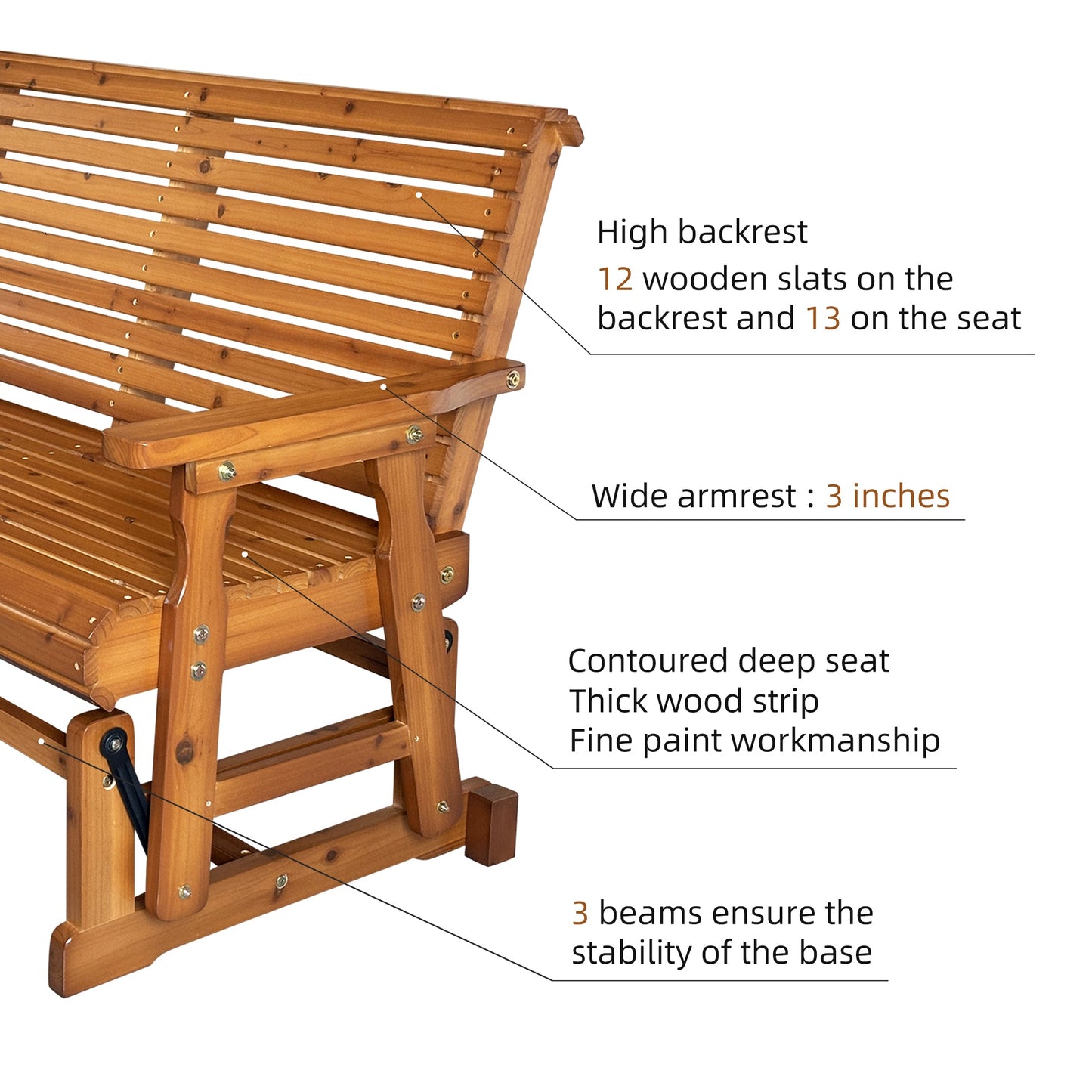 Wooden Patio Glider with High Roll Back and Deep Contoured Seat, Solid Fir Wood, 2-Seater, Heavy Duty 800 LBS, 4 Ft. (PU Brown)