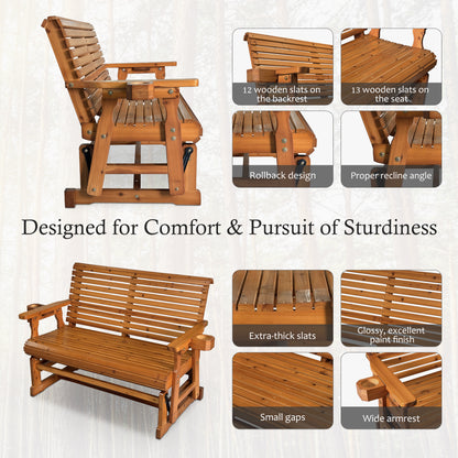Fortune Candy 2 Person Wooden Patio Glider with High Roll Back and cup holder