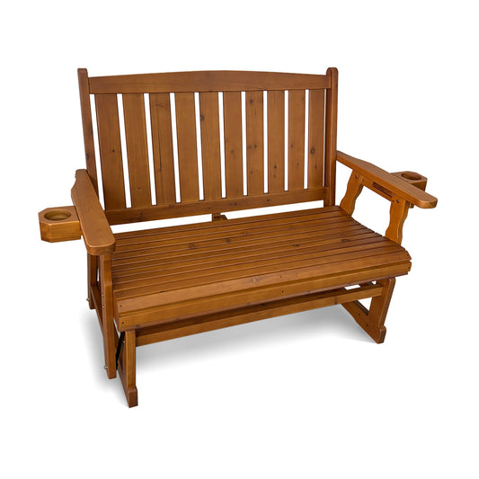 Fortune Candy Wooden Patio Glider, with Cup Holders, High Back and Deep Contoured Seat, Solid Fir Wood, Heavy Duty 800 LBS (Teak Tone, 2-Seater)