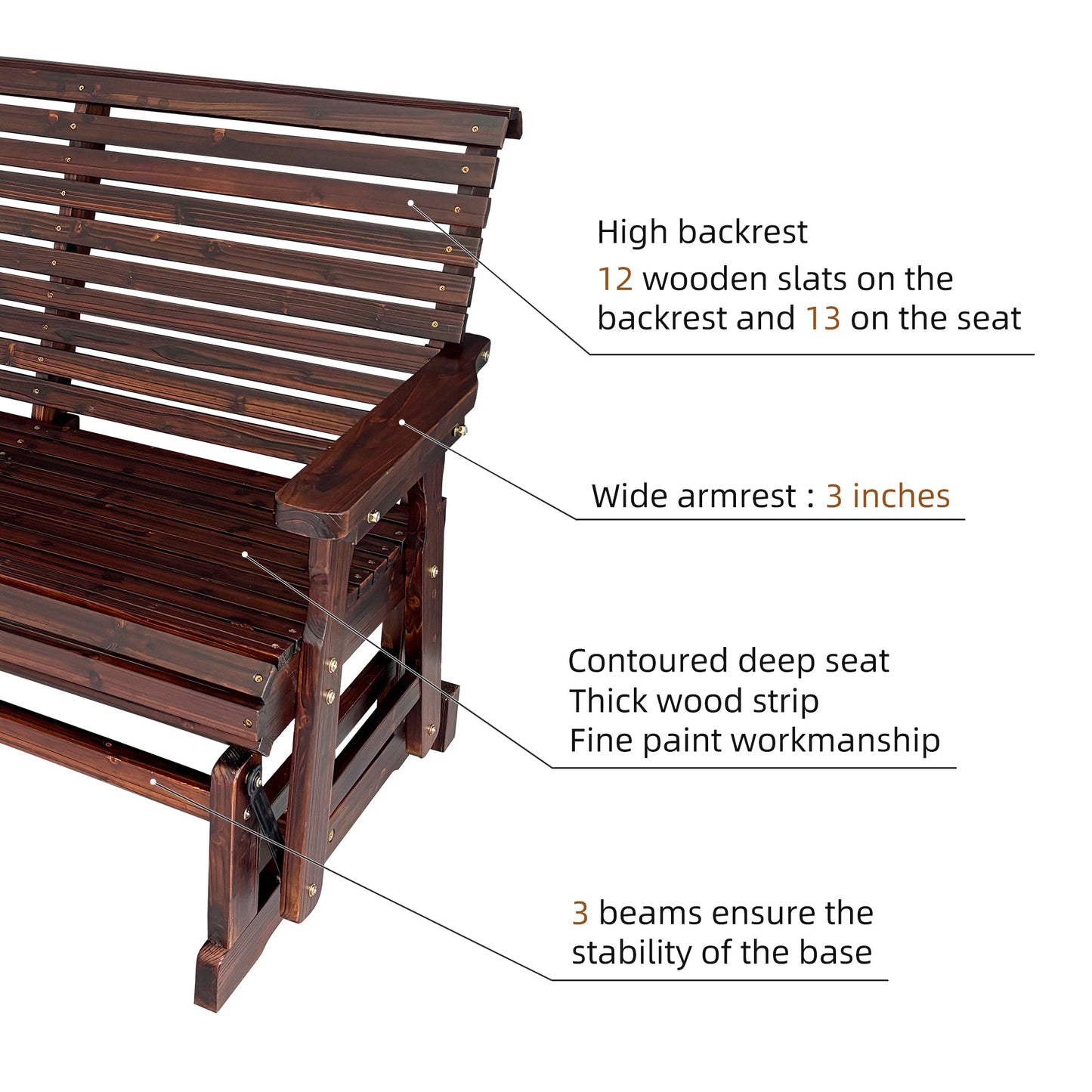 Wooden Patio Glider with High Roll Back and Deep Contoured Seat, Solid Fir Wood, 2-Seater, Heavy Duty 800 LBS, 4 Feet (Deep Brown)