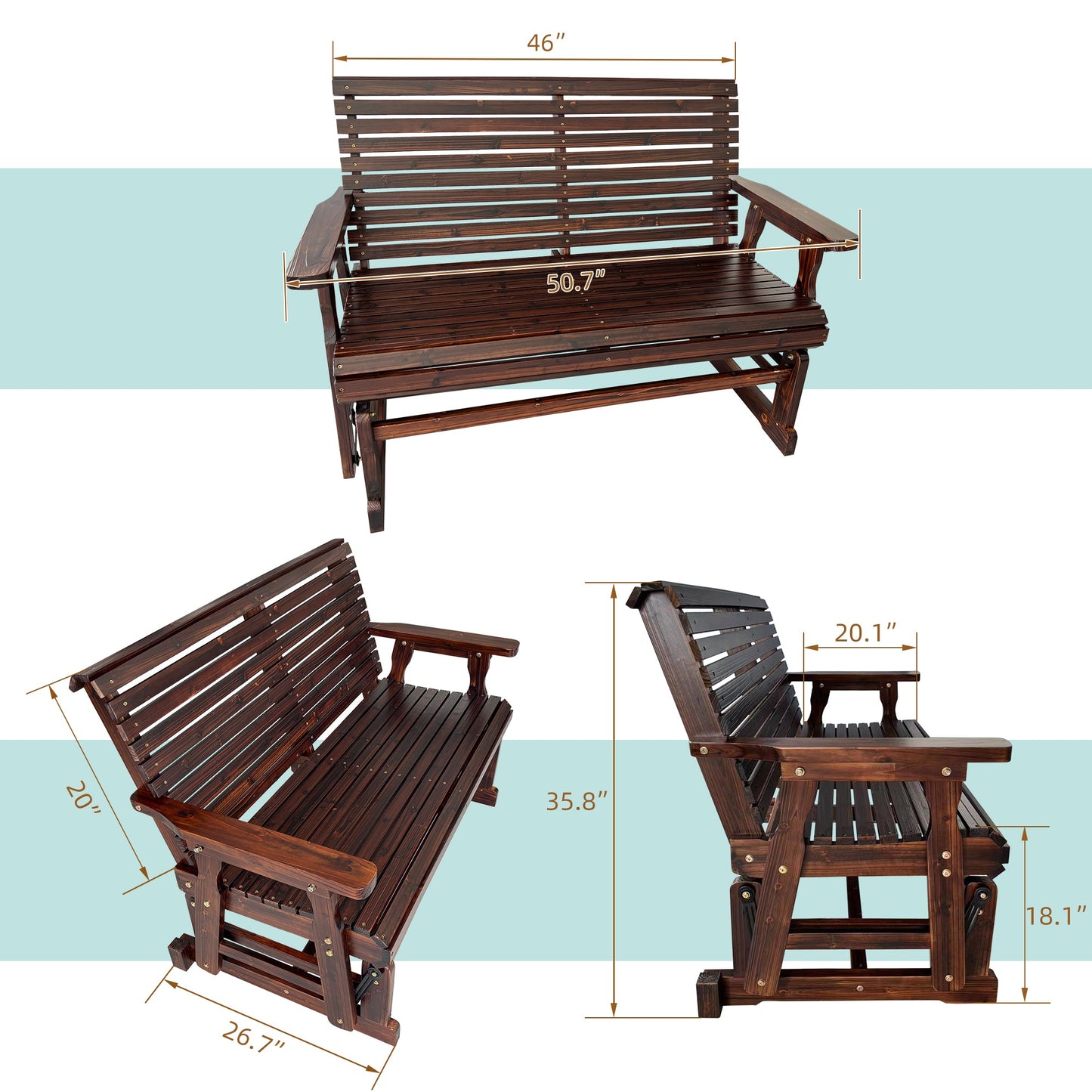 Wooden Patio Glider with High Roll Back and Deep Contoured Seat, Solid Fir Wood, 2-Seater, Heavy Duty 800 LBS, 4 Feet (Deep Brown)