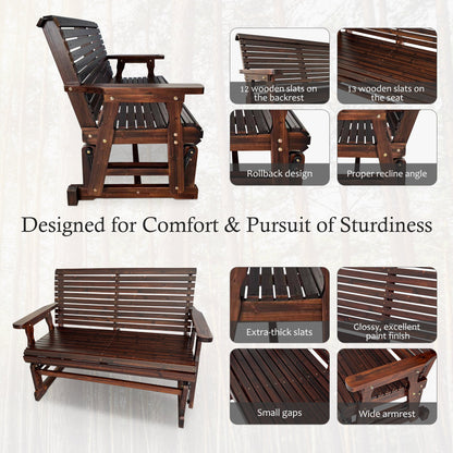 Wooden Patio Glider with High Roll Back and Deep Contoured Seat, Solid Fir Wood, 2-Seater, Heavy Duty 800 LBS, 4 Feet (Deep Brown)