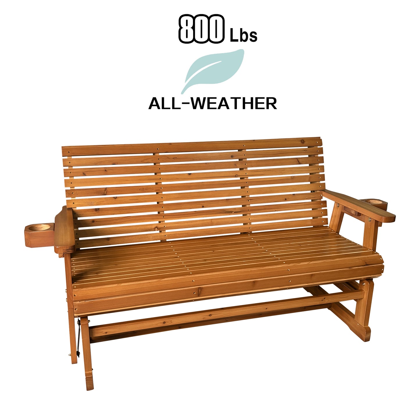 Fortune Candy 3 Person Wooden Patio Glider with Cup Holders, Cedar Tone