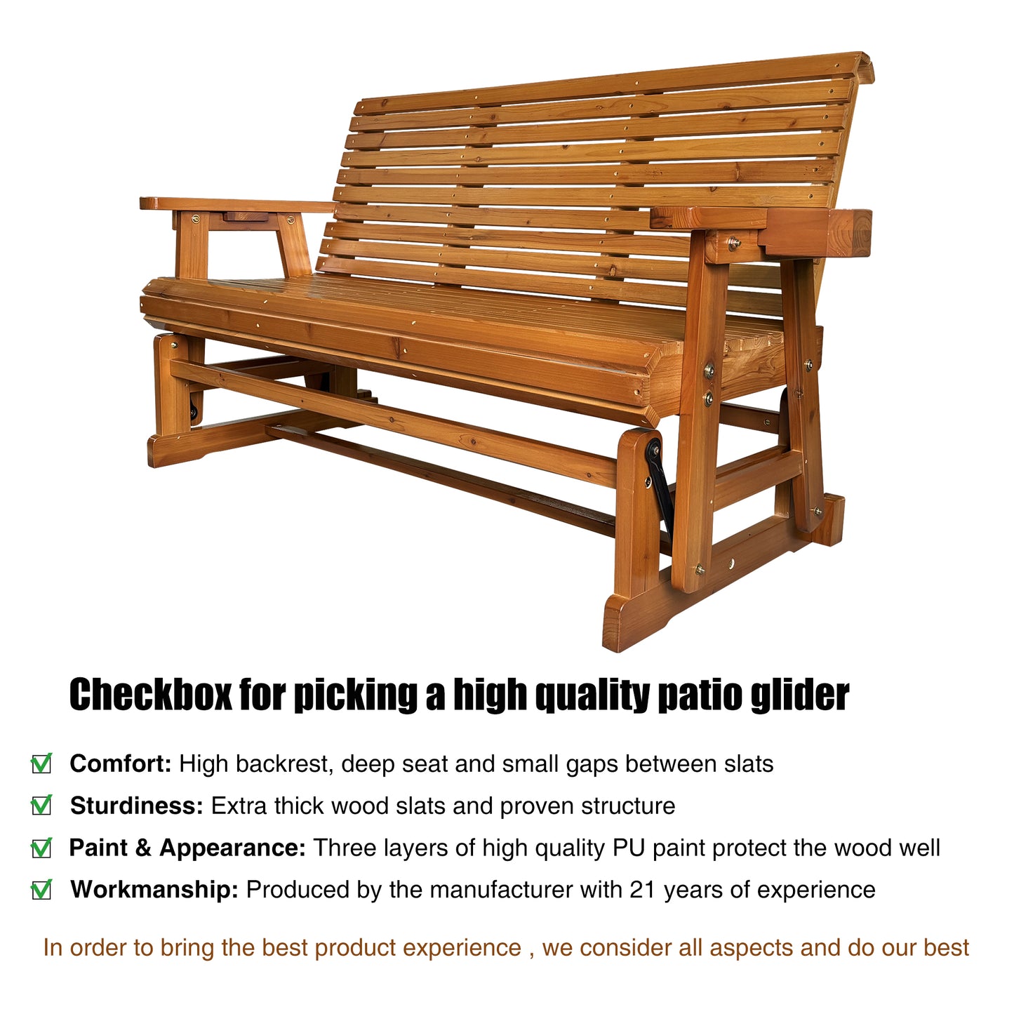 Fortune Candy 3 Person Wooden Patio Glider with Cup Holders, Cedar Tone