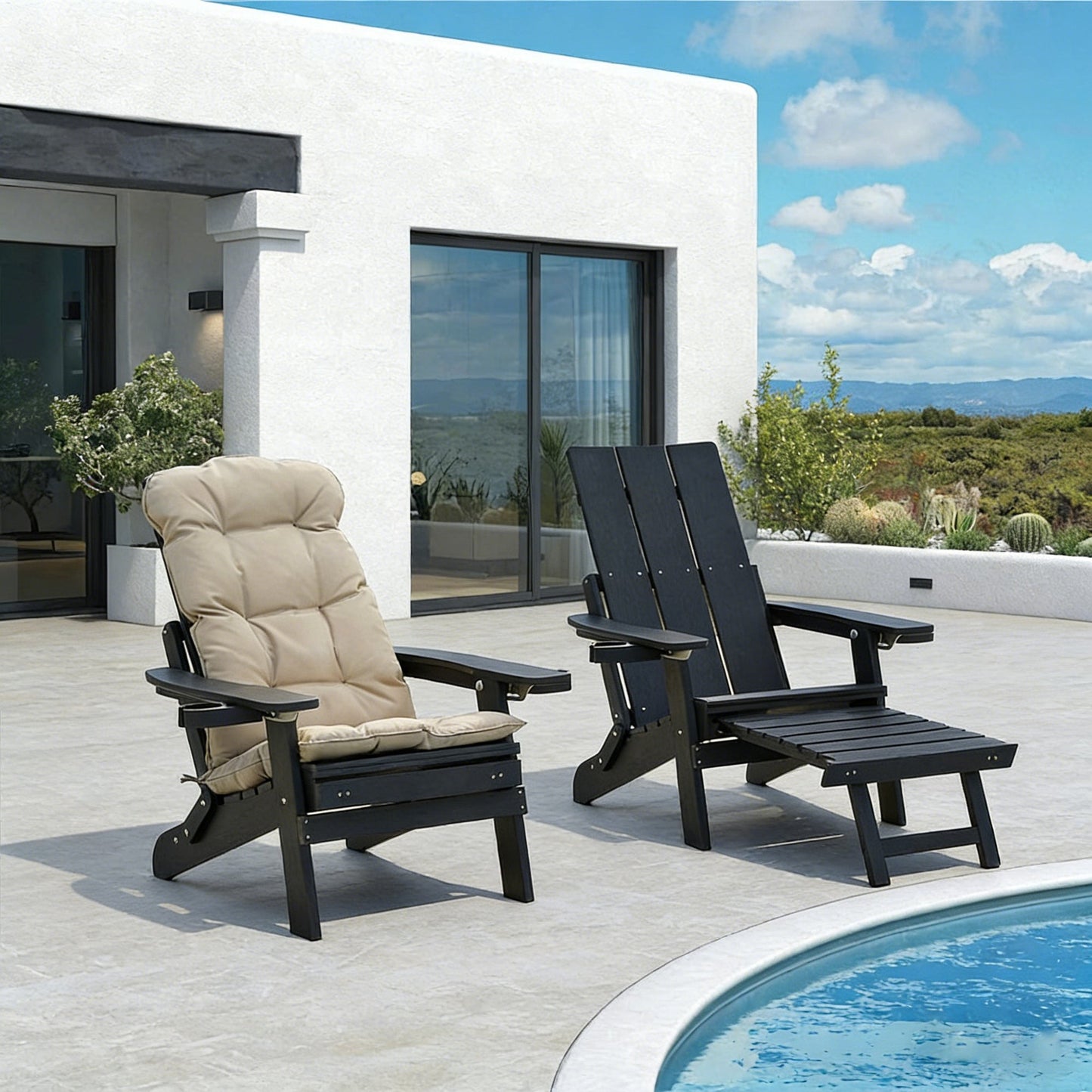 Poly Lumber Adirondack Chair with Cup Holders, Ottoman and Cushion, Adjustable Backrest, All-Weather Resistant HIPS Material, Wood-Like Pattern, Heavy Duty 700 LBS (Iron Black)