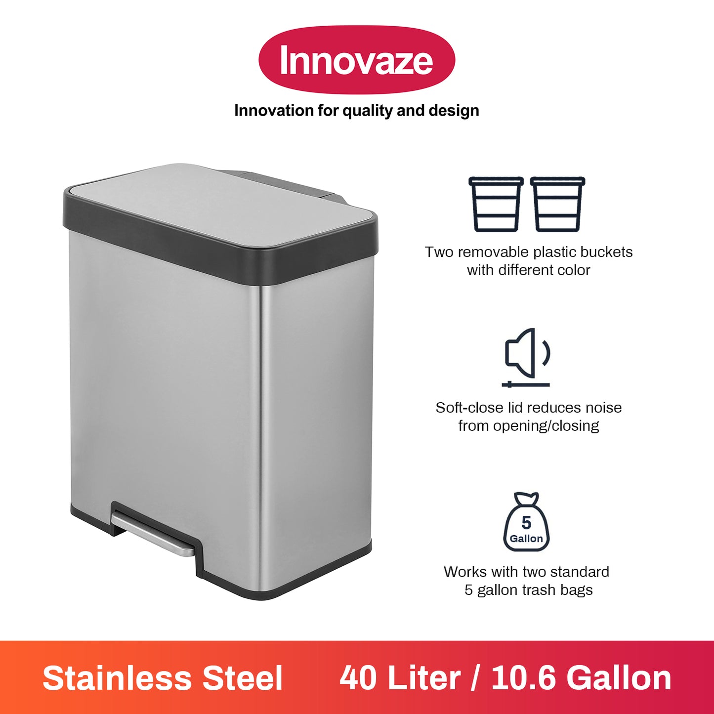 Innovaze 40L / 10.6 Gal Stainless Steel Step Trash Can, Dual 5.3 Gal Compartments Recycling Bin for Home, Office, Apartment