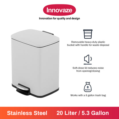 Innovaze 5.3 Gallon / 20 Liter Stainless Steel Step-On Trash Can, Rectangular Shape, Matte White Finish, Ideal for Home or Office