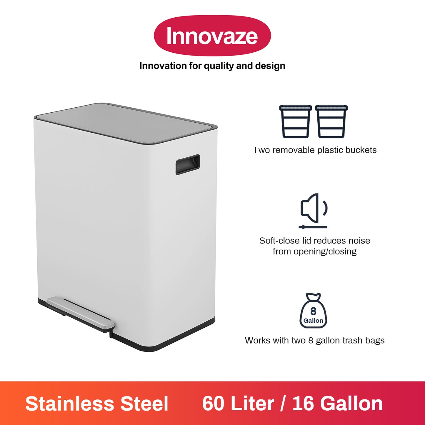 Innovaze 16 Gal / 60L Stainless Steel Step Trash Can, 30L+30L Removable Bin for Kitchen, Home, Office, Apartment