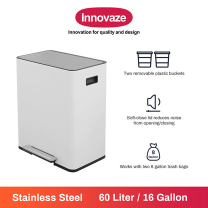 Innovaze 16 Gal / 60L Stainless Steel Step Trash Can, 30L+30L Removable Bin for Kitchen, Home, Office, Apartment